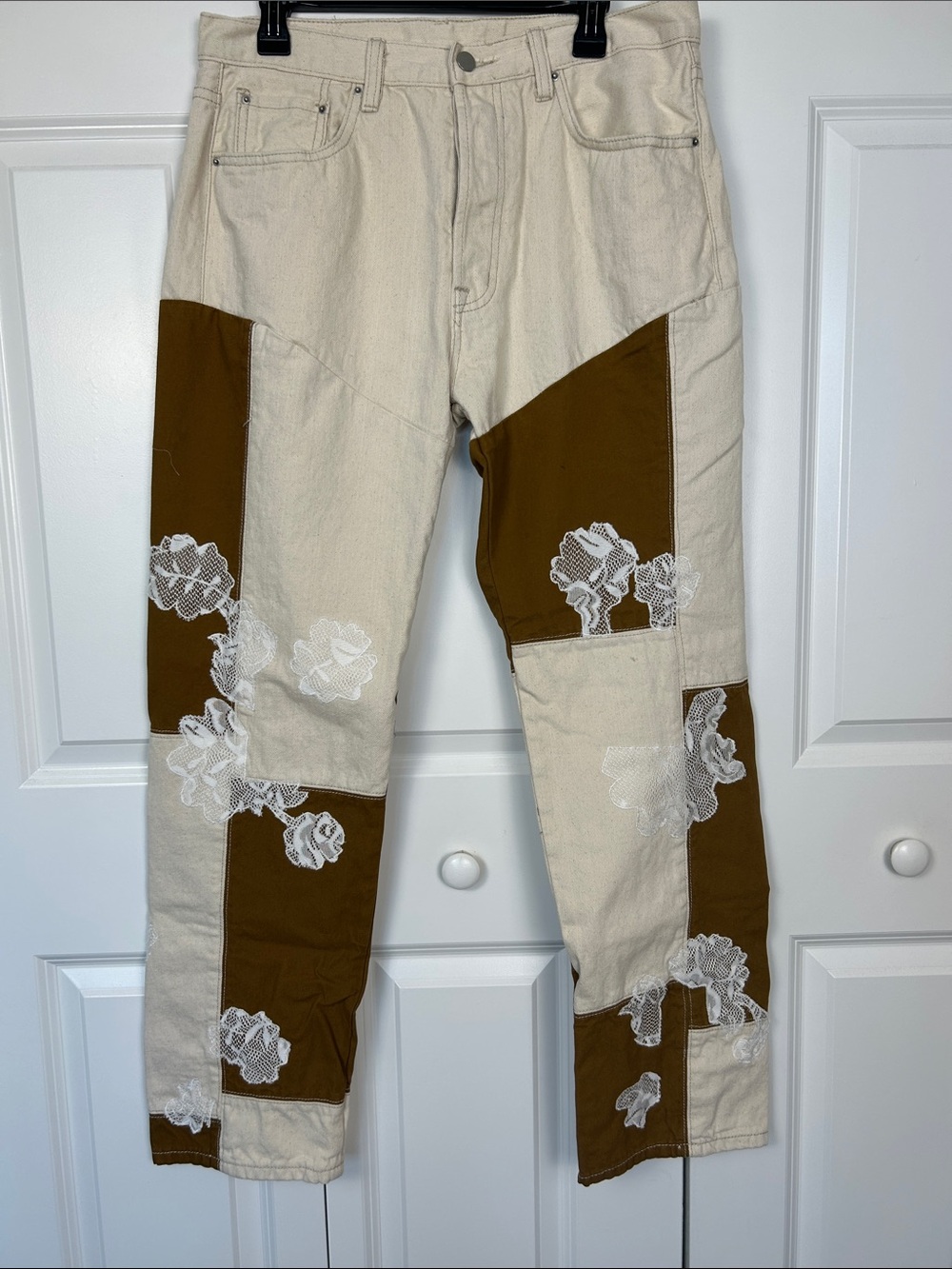 MNML Cream and Brown Patchwork Chinos with White Floral Appliqué Size 32